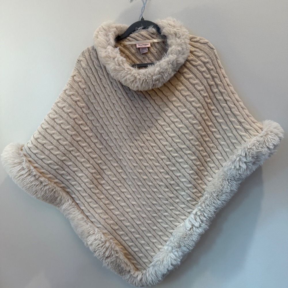 Juicy Couture Cable Knit Poncho Faux Fur Trim Cream Ivory One Size OS